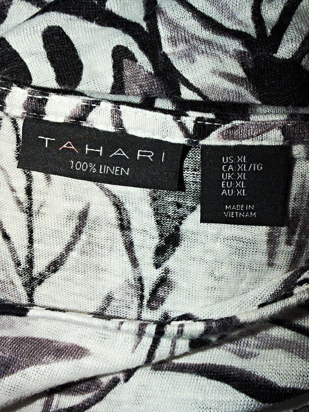 Tahari XL Soft Linen Black/Gray Floral Scoop Neck Cap Sleeve Pullover Blouse